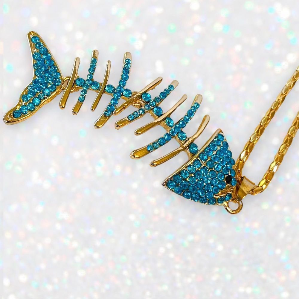 Blue Rhinestone Fish Gold Necklace